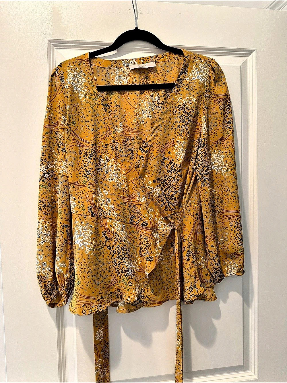 LOFT Mustard Floral Wrap Blouse with Puff Sleeves Orange & Blue Small